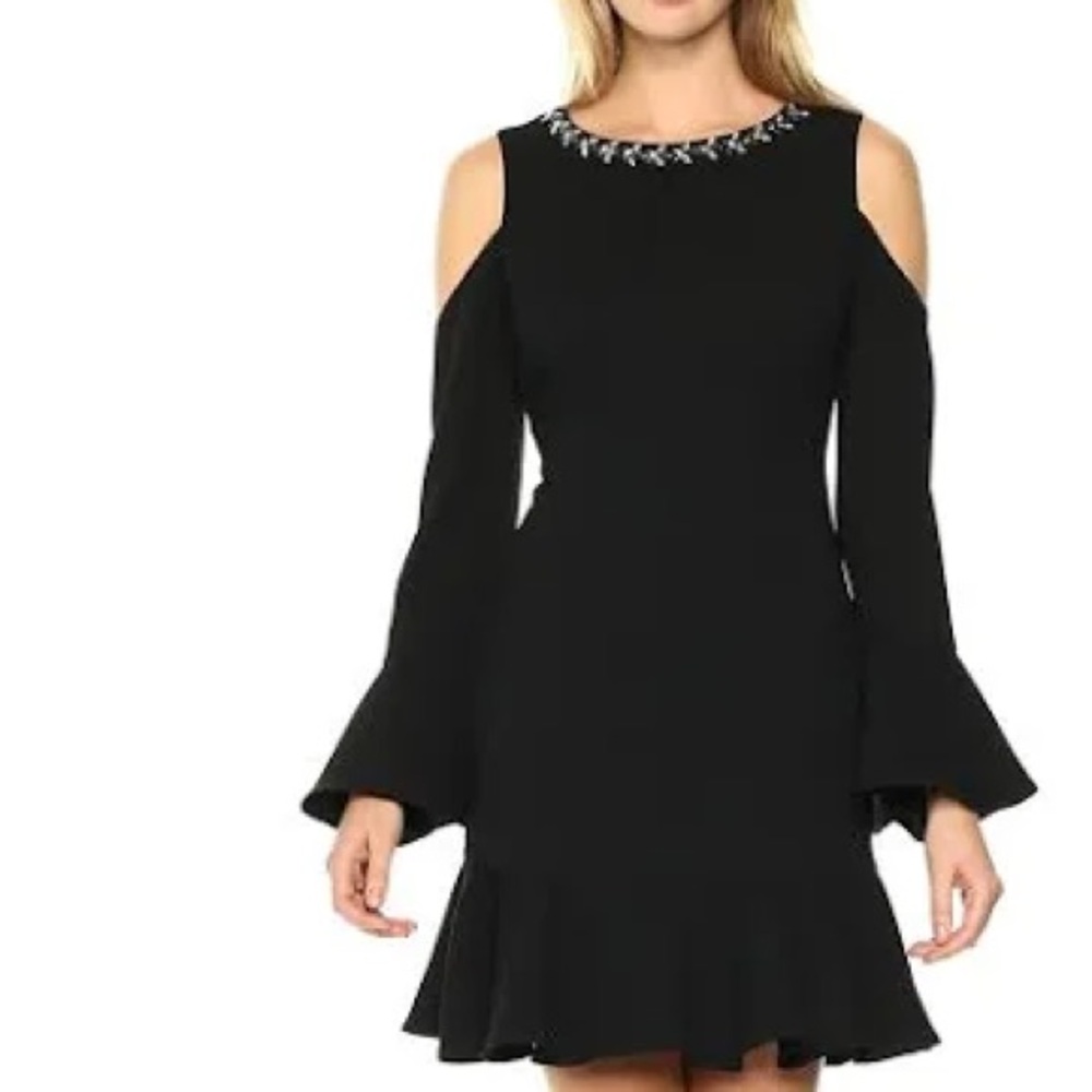 Eliza J NWT Classic Black Embellished Neck Bell Sleeve Flounce Hem Dress‎ Size 8